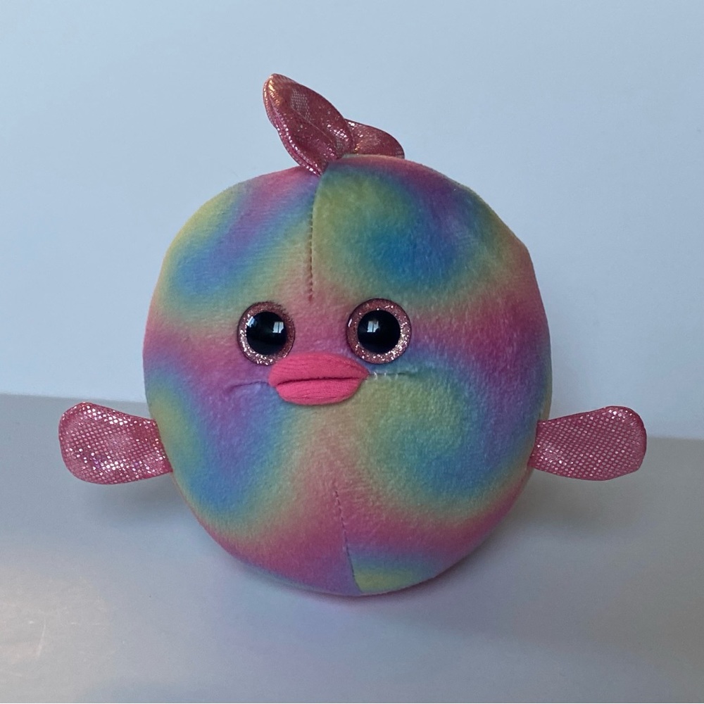 TY Beanie Ballz plush stuffed round 5" fish RAINBOW retired Pink Shiny Ocean
